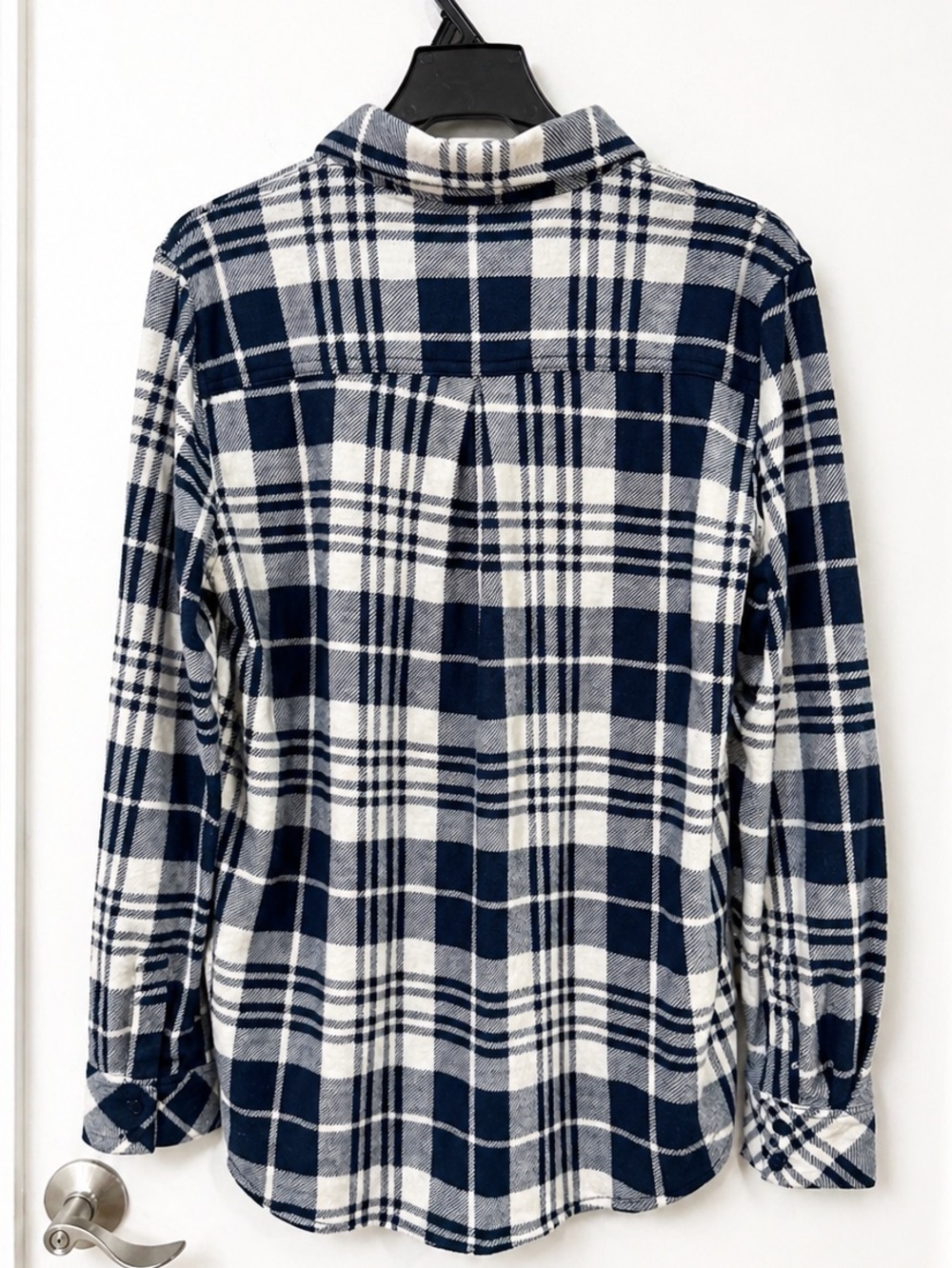 Cosmic Blue Love Harper Knit Button Down‎ Plaid Shirt Size M Cream Navy - Picture 5 of 6
